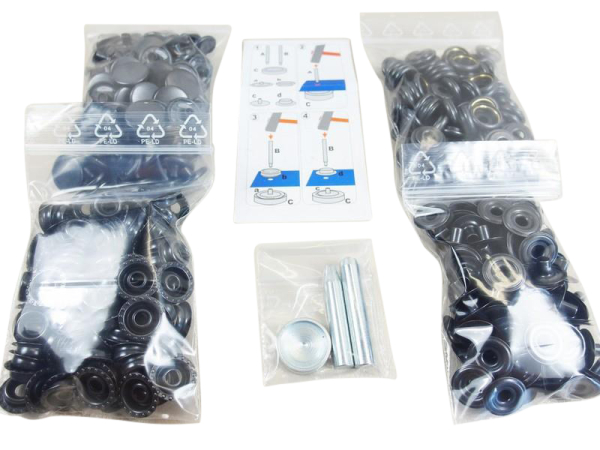 Druckknöpfe  "Tool-Point"  - Ringfeder (Sport & Camping) Großpackung 100er Set 15 mm / mit Werkzeug schwarz-bruniert