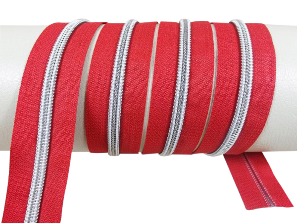 Endless zippers model "Brilliant" No. 7 / with silver spiral / red-silver