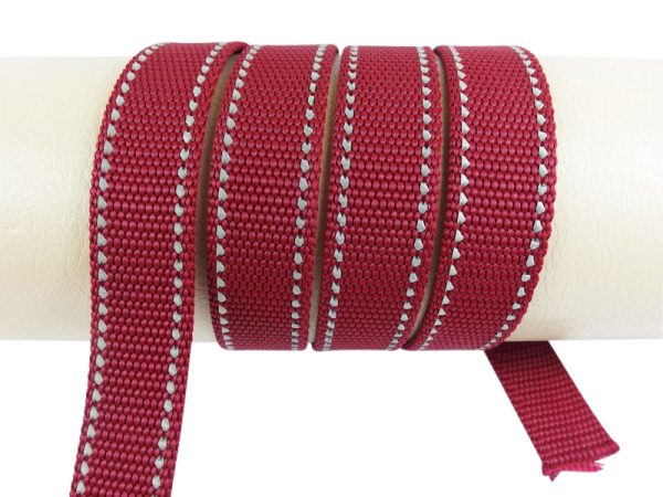 Webbing/reflective tapes - with reflective strips - bordeaux/wine silver 25 mm