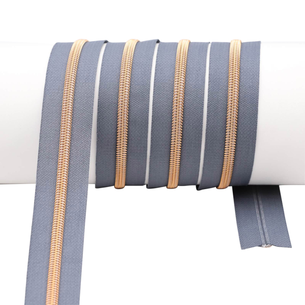 Endlos- Reißverschlüsse Modell "Brilliant" Nr. 7  mit roségoldener Spirale mittelgrau