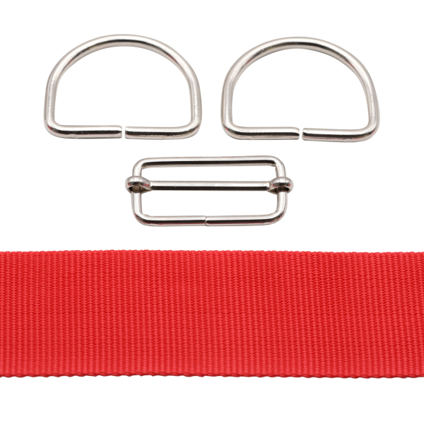 Taschengurtband 2m-Set kirschrot mit D-Ringen und Regulator 50 mm silber