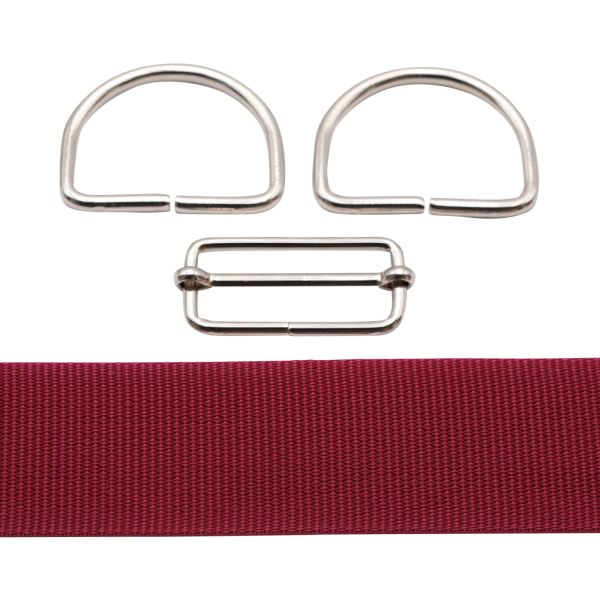 Bag webbing 2m set burgundy red with D-rings and regulator 50 mm silver