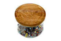 Glass head pins 90g in a glass tin (approx. 490 pieces)...