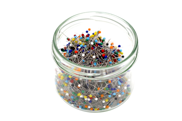 Glass head pins SUPERFEIN, 50g push-on pins in a glass container (approx. 1000 pieces) mixed 0.40 x 34mm