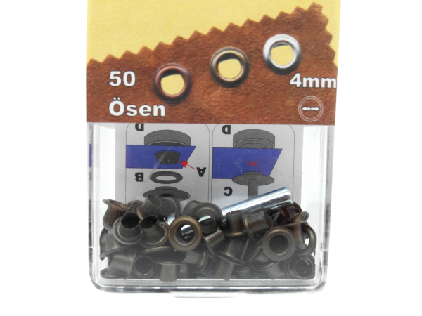 Ösen  mit Scheiben und Werkzeug 4 mm altmessing