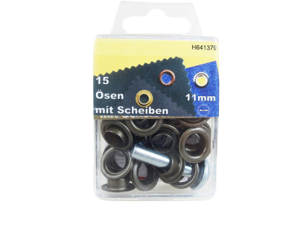 Ösen mit Scheiben und Werkzeug 11 mm altmessing